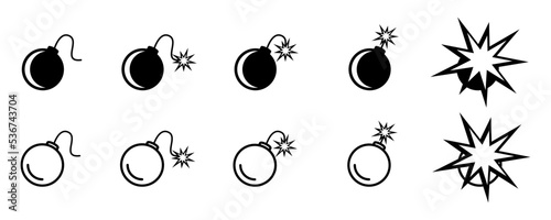 Bomb and wick icons vector set. Detonation or bang from bomb. Risk and threat explosion. Fire on wick.