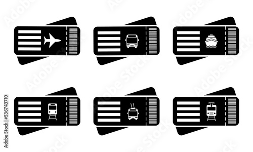 Tickets icons for bus, train, airplane, ship, trolleybus, tram. Set with travel tickets pictograms. Vector 10 EPS.