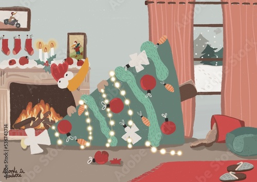 Quadro su tela Carte de vœux, scène à l’intérieur d’une maison en hiver, poule qui fait tomber un sapin, devant la cheminée