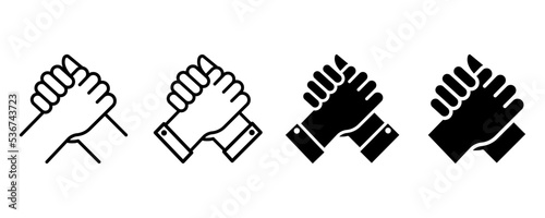 Human handshake. Symbol brotherhood. Homie handshake. Symbol from arm wrestling. Unity sign. Vector 10 EPS.
