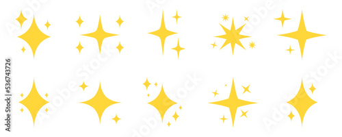 Gold shining icons vector set. Yellow sparkle and flash sign. Glow star icons. Shiny effect. Cleaning symbol. Bright glitter sign.