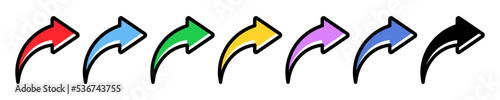 Set of colored arrow right on white background. Curved arrow with right orientation. Vector 10 EPS.