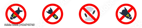 Set of no nuclear bomb vector icons. Red prohibition icon with atom bomb. Ban nuke. No radiation. 