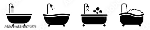 Set of bathtub vector icons. Bath with bubble and foam. Bathroom pictogram. 