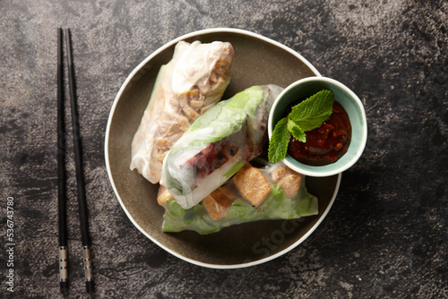 Close up shot of vietnamese fresh spring rolls photo