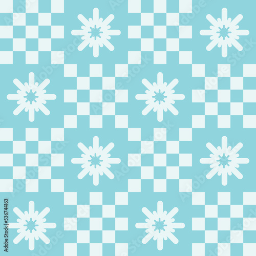 Cute y2k patchwork Christmas seamless pattern background with snowflake icon, monochrome blue checkerboard backdrop. Modern, trendy vector design, aesthetic retro vibe print for textile, wallpaper