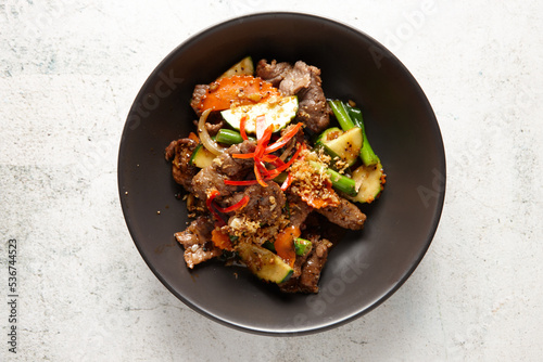 Beef stir fry on table