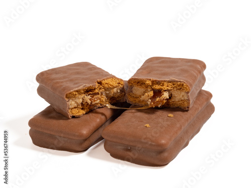 Chocolate bar on a white background. Chocolate with caramel.