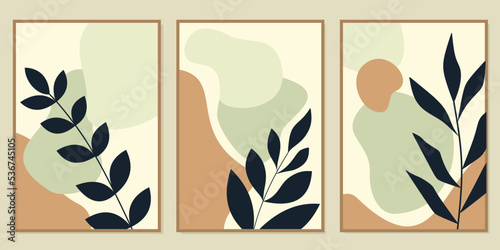 Botanical wall art vector set. Foliage line art drawing with silhouette style. Abstract Plant Art design for print, cover, wallpaper, home interior. aesthetic boho design