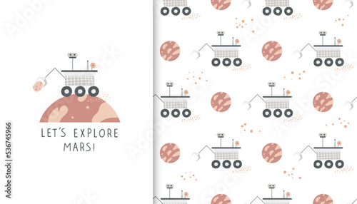 Cartoon mars rover and planet seamless pattern