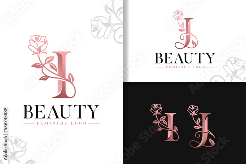 Feminine monogram rose gold logo letter i and j with flowers