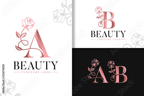 Feminine monogram rose gold logo letter a and b with flowers