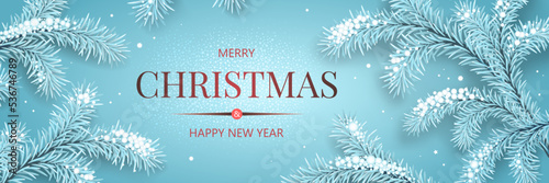 Horizontal banner with white Christmas symbol and text. Christmas tree on blue background. Winter is coming. Snowy night with firs. Holiday winter landscape

