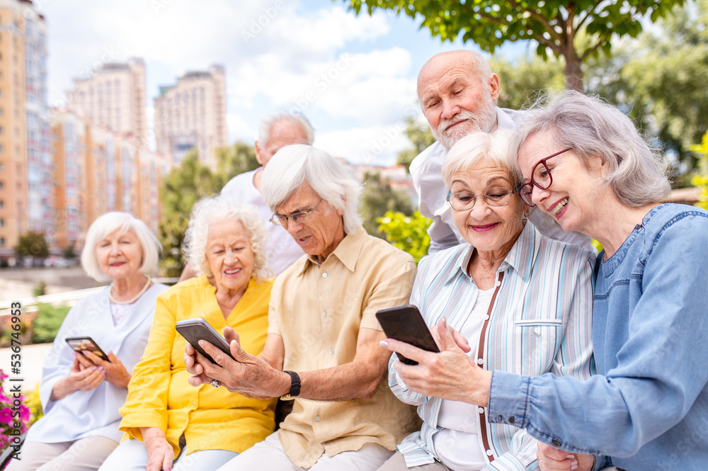 Group of seniors people bonding at the park - Elderly old people using smartphones to shop online and visit social media app Group of seniors people bonding at the park - Elderly old people using smartphones to shop online and visit social media app