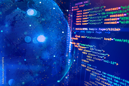 HTML code on a computer monitor. Software and Web Developer Programming Code. photo