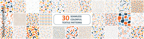 Collection of vector seamless colorful patterns with geometric shapes. Trendy bright minimalistic backgrounds. Simple unusual textile prints. Vibrant endless design