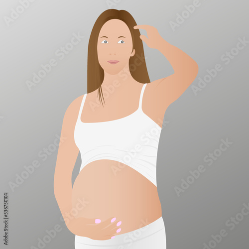 Beautiful pregnant woman, expectant mother hugging her belly with her hands