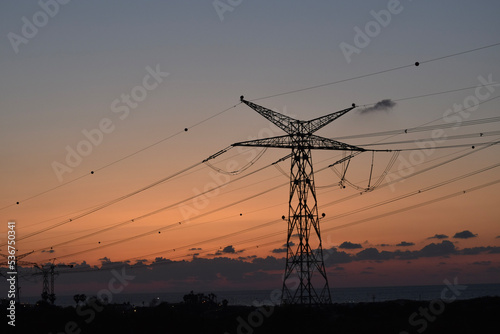 electric power lines at sunset