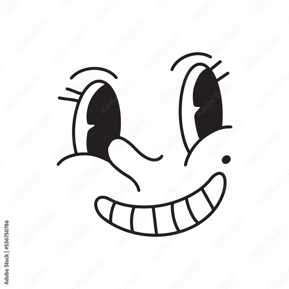 Naklejka premium Retro cartoon comic happy face with smile. Simple black ink doodle face with eyes, nose. Vintage old mascot character head mimics drawing