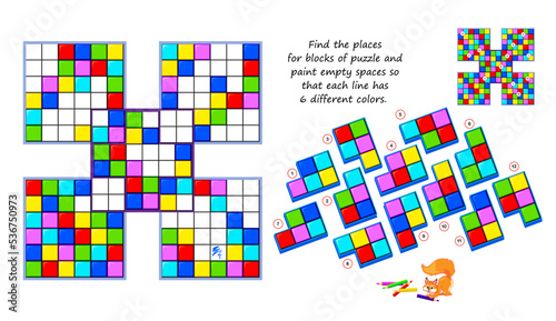 Sudoku for kids. Logic game. Find the places for blocks of puzzle and paint empty spaces so that each line has 6 different colors. Coloring book. Brain teaser book. Developing spatial thinking.