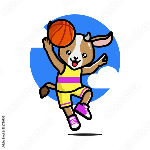 Happy cute goat playing basketball