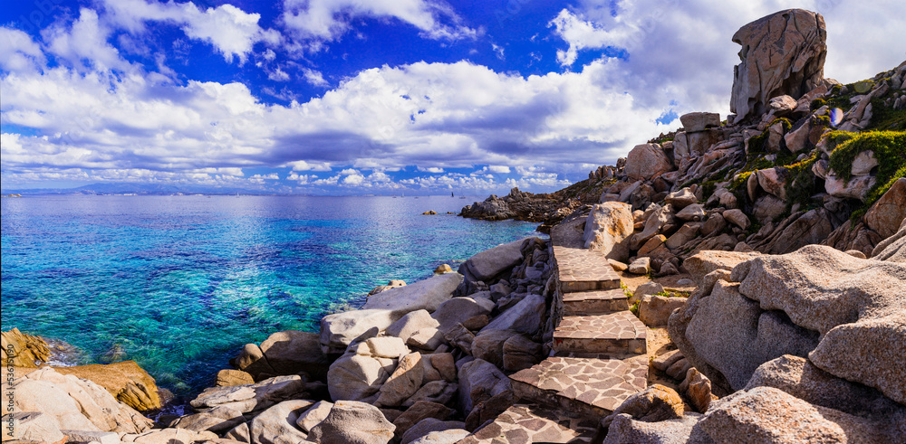 Italy summer holidays. Sardegnia island nature scenery. one of the most scenic places - Santa Teresa di Galura in northern part with turquoise sea and incredible rock formations
