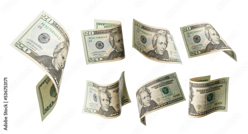 50 dollars flying on white background. USA banknotes at different angles. Front side 50 dollars flying on white background. USA banknotes at different angles. Front side