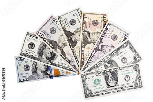Banknotes of United States of America - dollars - ona one heap. There are all included - 100, 50, 20, 10, 2 and a 1 dollar bills in this money background.