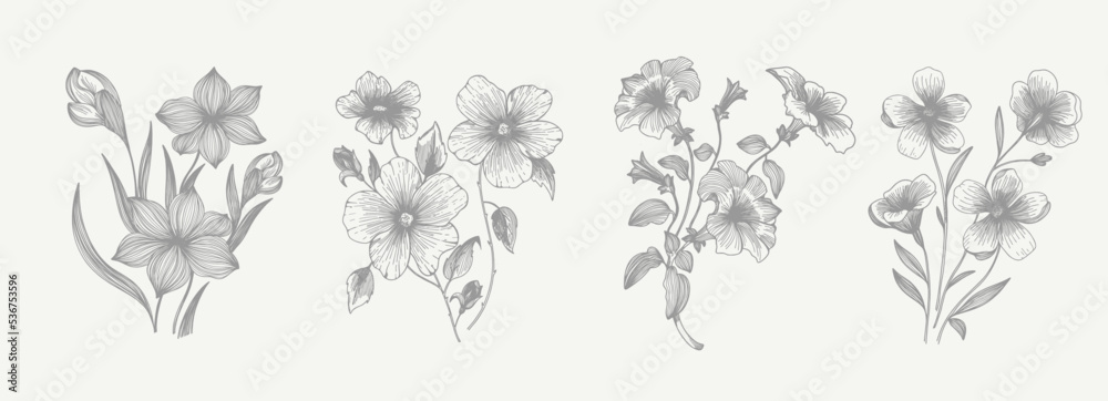 Flowers. Set of vector illustrations. Pencil sketch. Engraving style. Set of vector illustrations. Pencil sketch. Engraving style. Tattoo. Collection of drawn elements.