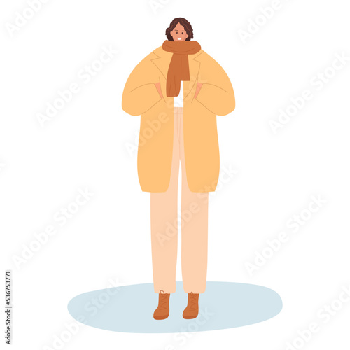 Girl with warm cozy clothes, warm coat, scarf. City Dweller keeps her hands in her pockets from cold. Winter modern outfit. Woman on winter walk. Seasonal illustration on white for your design.
