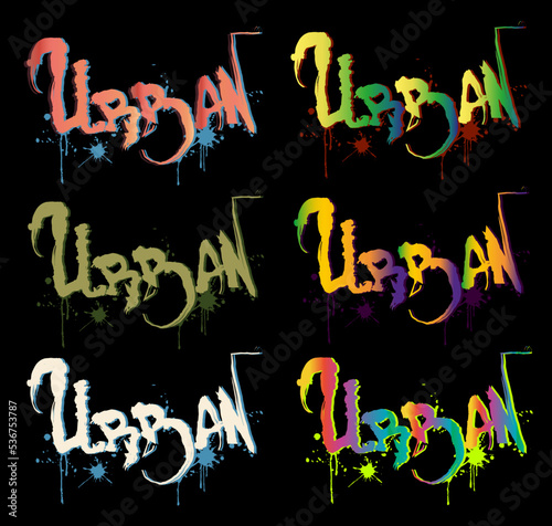 Letterings urban, graffiti style, different colours with smudges and blobs. Can be used as logo, icon, print, banner, flyer, stencil, decoration.Street style bright vector illustration. Spray Art.