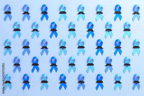 Pattern of blue ribbons for Blue November and Prostate Cancer Awareness Month banner background in 3D rendering