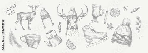 Winter, winter vibe, deer, skates, mulled wine, tea. Set of vector illustrations. Pencil sketch. Engraving style. Tattoo. Collection of drawn elements.