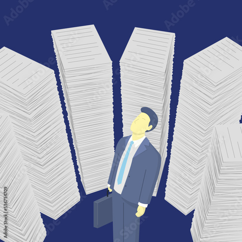 Character businessman among piles of documents. The concept of bureaucracy.