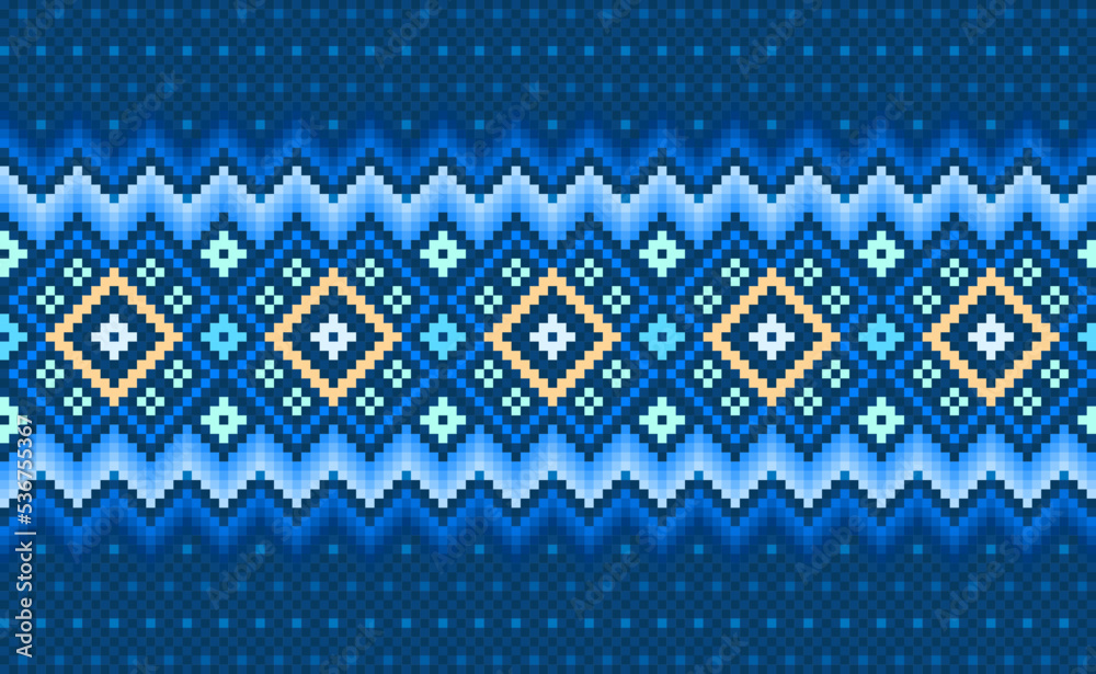 Geometric ethnic pattern, Vector embroidery square background, Pixel surface antique style, Blue and yellow pattern ethnic continuous, Design for textile, fabric, ceramic, wrapping, fibres Geometric ethnic pattern, Vector embroidery square background, Pixel surface antique style, Blue and yellow pattern ethnic continuous, Design for textile, fabric, ceramic, wrapping, fibres