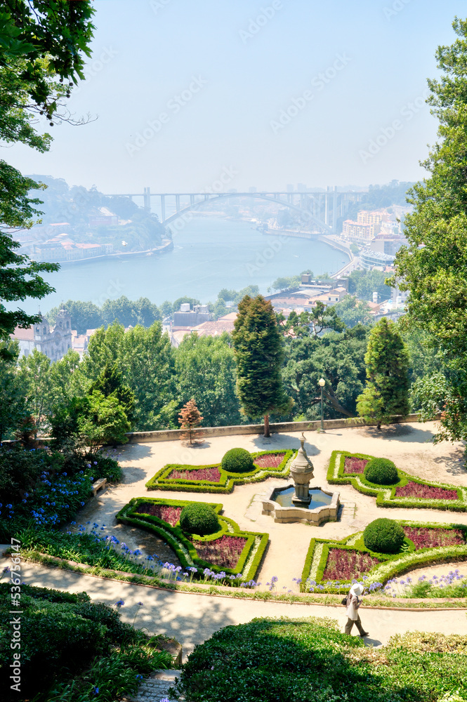 Crystal Palace Gardens overlooking the River Douro on a hazy sunny day, Porto, Portugal.