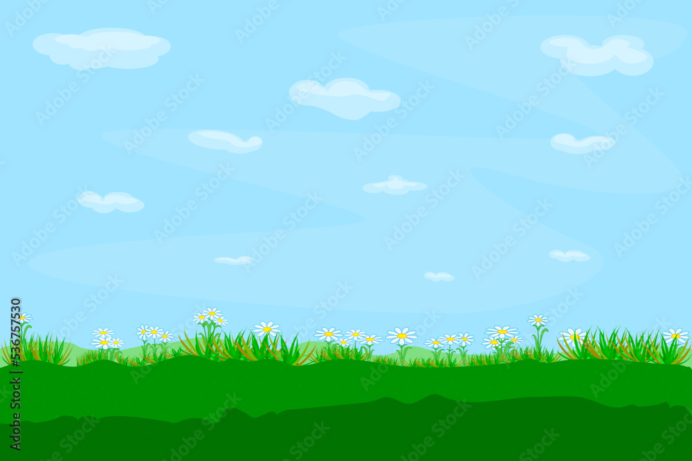 Field against the blue sky. Beautiful summer landscape with meadow, grass, flower and cloudy sky. Country background for spring or easter banner. Lawn, daisies and heaven. Stock vector illustration