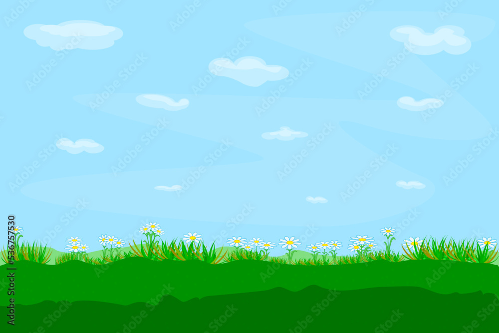 Field against the blue sky. Beautiful summer landscape with meadow, grass, flower and cloudy sky. Country background for spring or easter banner. Lawn, daisies and heaven. Stock vector illustration Field against the blue sky. Beautiful summer landscape with meadow, grass, flower and cloudy sky. Country background for spring or easter banner. Lawn, daisies and heaven. Stock vector illustration