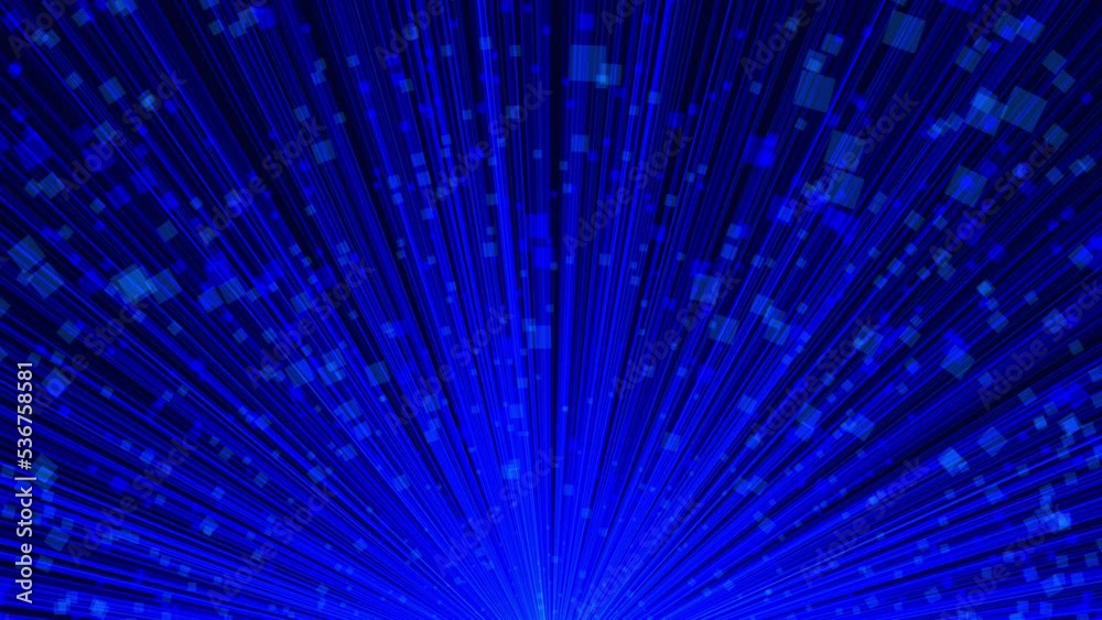 Blue shiny lines with particles fly from below on black background.