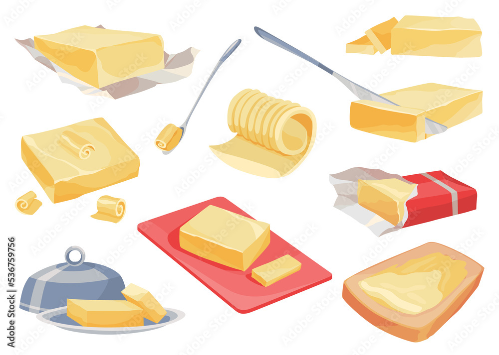 Butter, margarine or spread, natural dairy product in lot of variation. Set of yellow brick, slices and rolls. Fat, calorie natural food for breakfast, eating and as ingredient for cooking Butter, margarine or spread, natural dairy product in lot of variation. Set of yellow brick, slices and rolls. Fat, calorie natural food for breakfast, eating and as ingredient for cooking