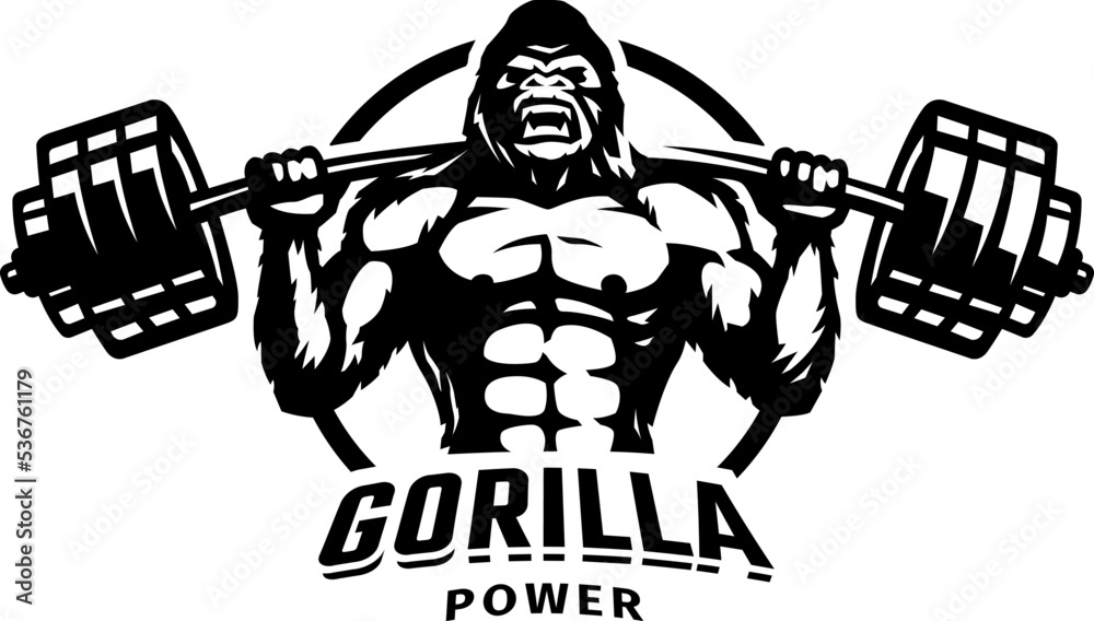Gorilla with a barbell . Bodybuilding and fitness logo. Vector