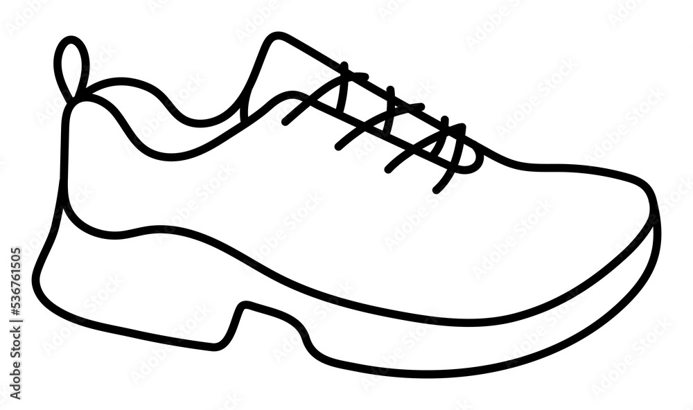 Sneaker shoe, boot. Sport equipment line sketch. Hand drawn doodle outline icon. Black and white freehand fitness illustration