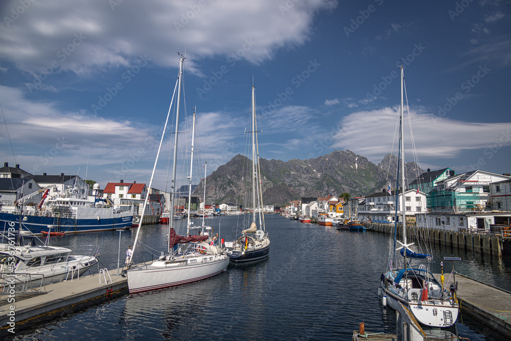 Sailing boats in the harbour at Henningsvaer, Austvagoya, Lofoten Islands, Norway, 