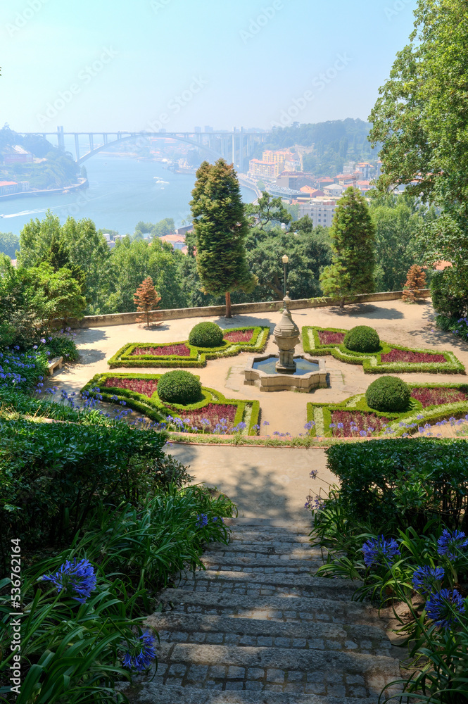 Crystal Palace Gardens overlooking the River Douro on a hazy sunny day, Porto, Portugal.