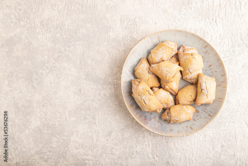 Homemade sweet cookie with apple jam on gray concrete. top view, copy space.