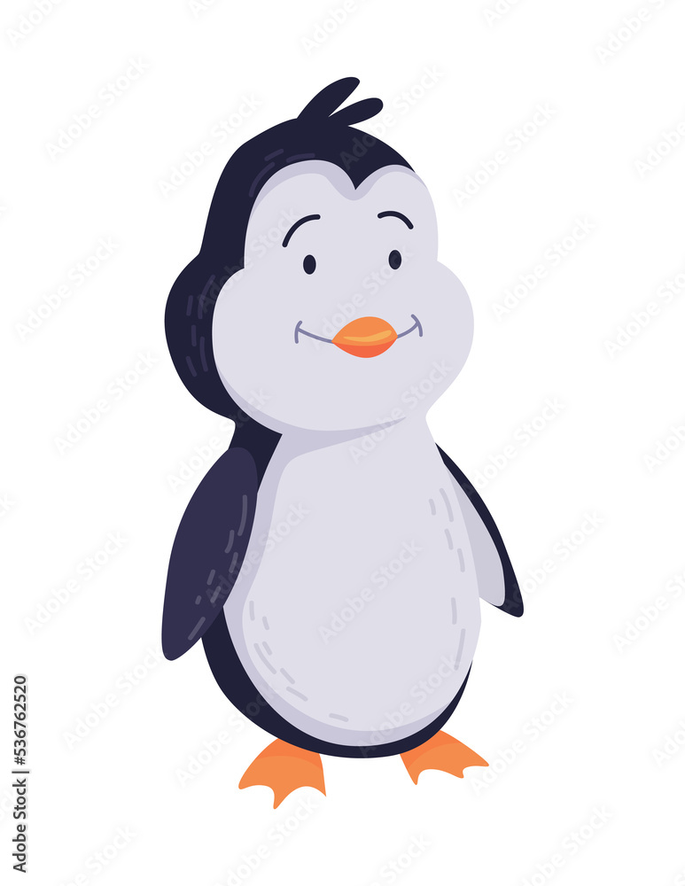 Obraz premium Cute penguin stand and smile. Funny draw character in cartoon style. Adorable wild animal