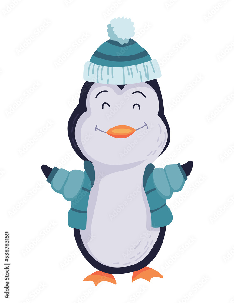 Cute penguin stand in warm clothes. Funny draw character in cartoon style. Adorable wild animal Cute penguin stand in warm clothes. Funny draw character in cartoon style. Adorable wild animal
