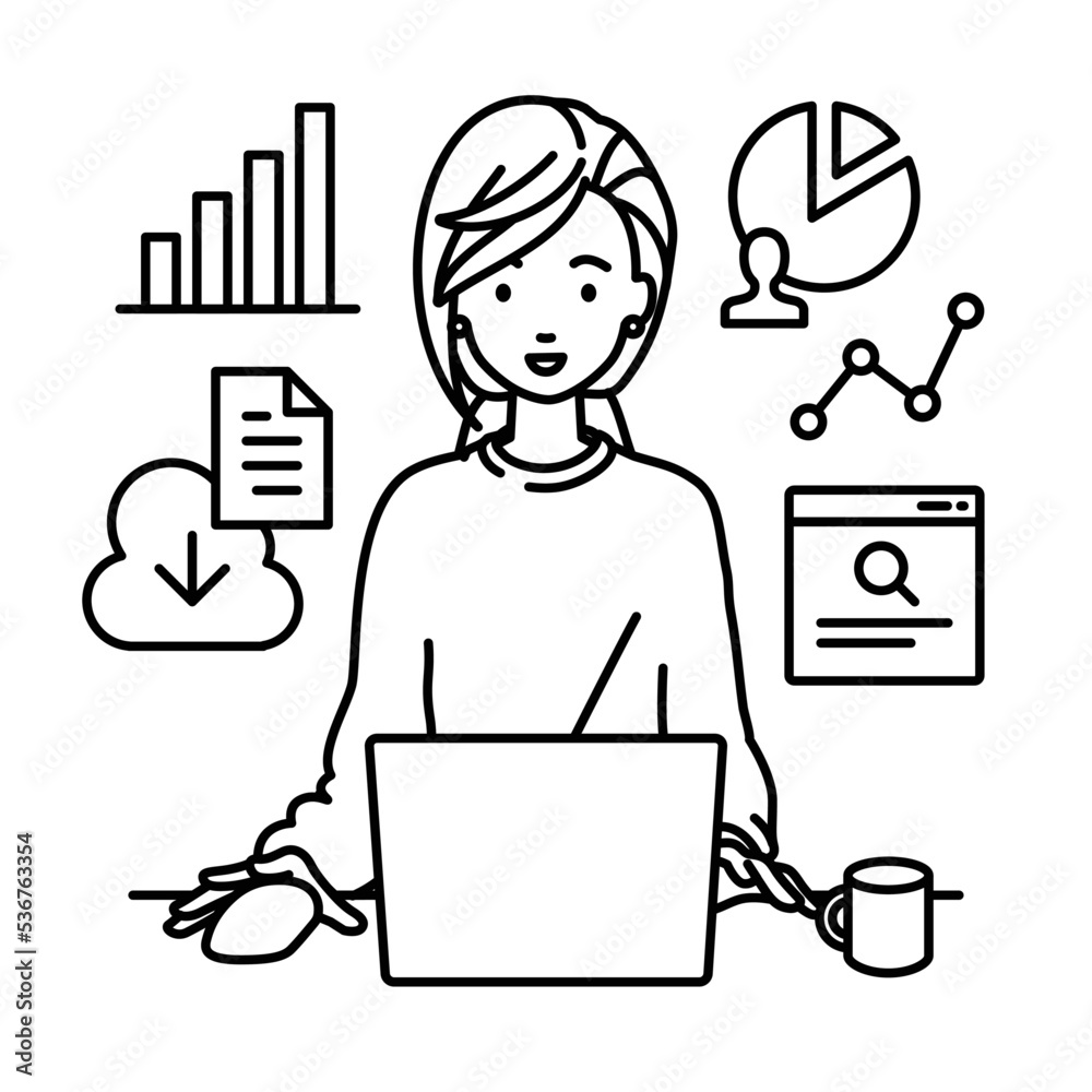 デスクでPCを前にリサーチ・データ分析・レポート作成をしているリモートワークの女性