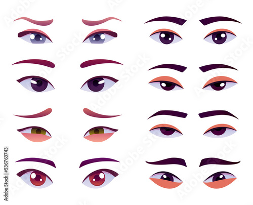 Face construction element, avatar creation with head parts. cartoon set of eyes and eyebrows. Head parts pack for face generator isolated on white background