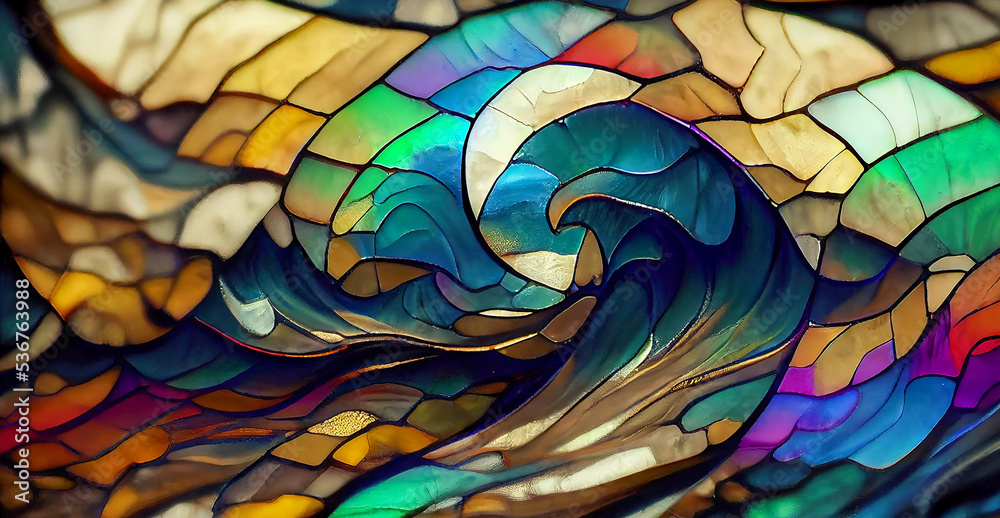 ocean waves. Colorful stained glass window. Abstract stained-glass  background. Art Nouveau decoration for interior. Vintage pattern. Stock  Illustration